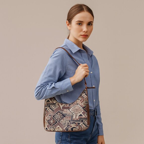 Geometric Pattern Tapestry Fabric Hobo Bag For Women | Shoulder Sling Bag - Picture 2 of 9